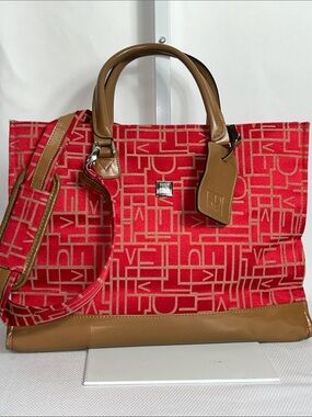 Diane Von Furstenberg XL canvas tote travel bag, logo pattern red beige colors